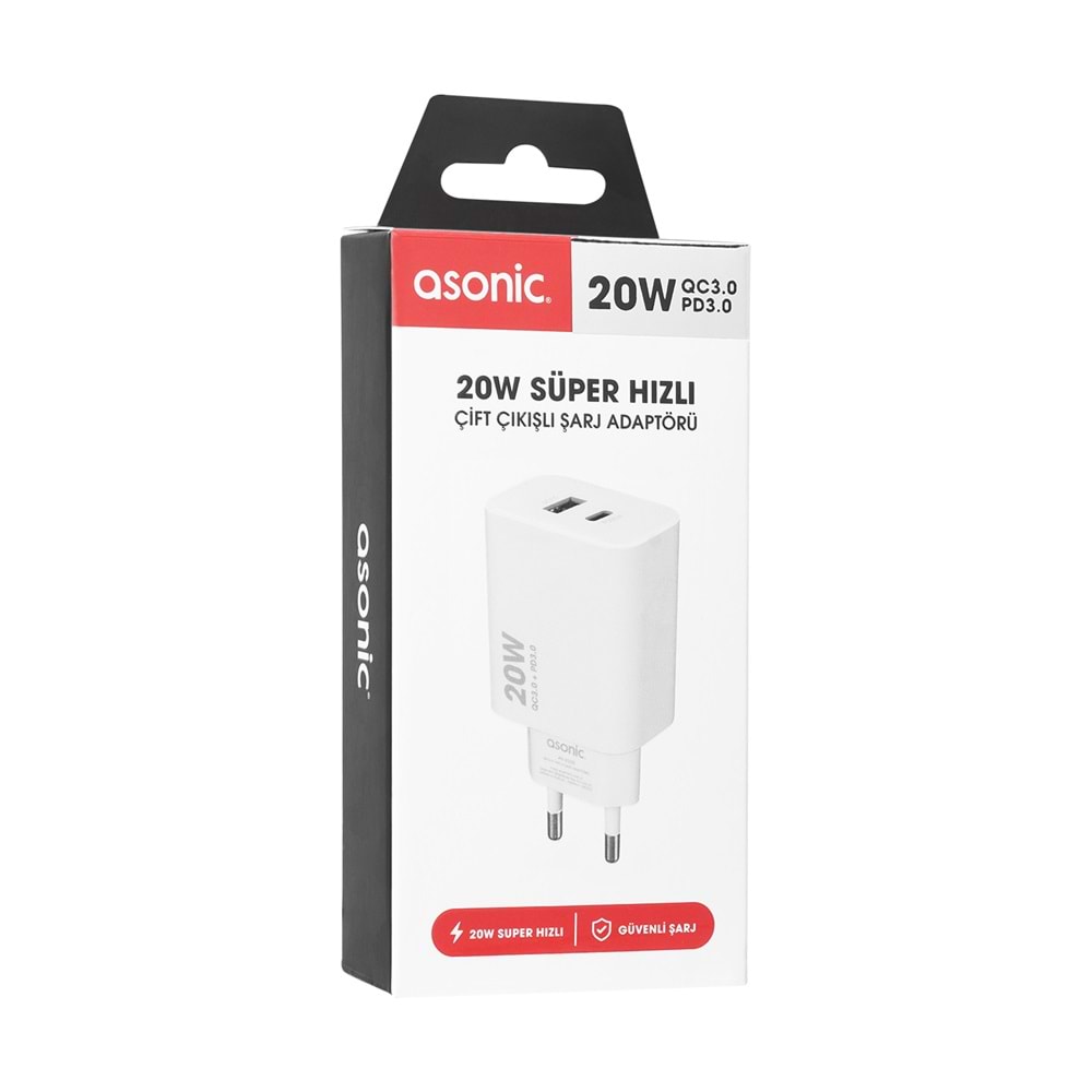 AS-X230 Asonic 20W PD3.0/Quick QC3.0 Type USB-CUSB A Hızlı Beyaz Adap.