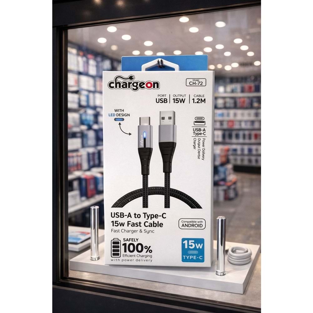 CH-72 Chargeon 15W USB A to Type C Işıklı Fast Şarj Kablosu