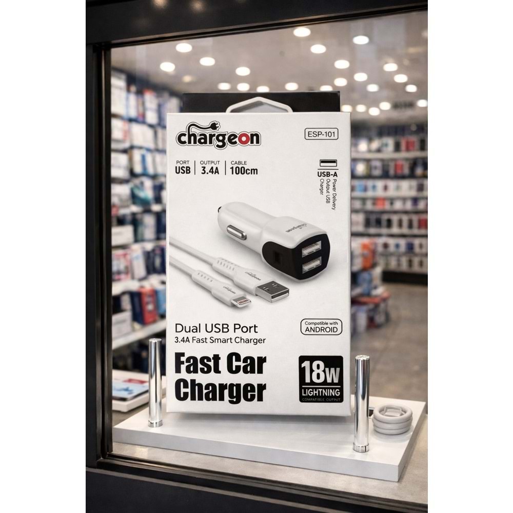 ESP-101 Chargeon 18W 3.4A Oto Şarj + Lightning Kablo