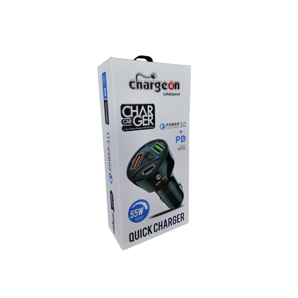ESP-106 Chargeon 55W Oto Şarj Başlık PD+USB Girişli