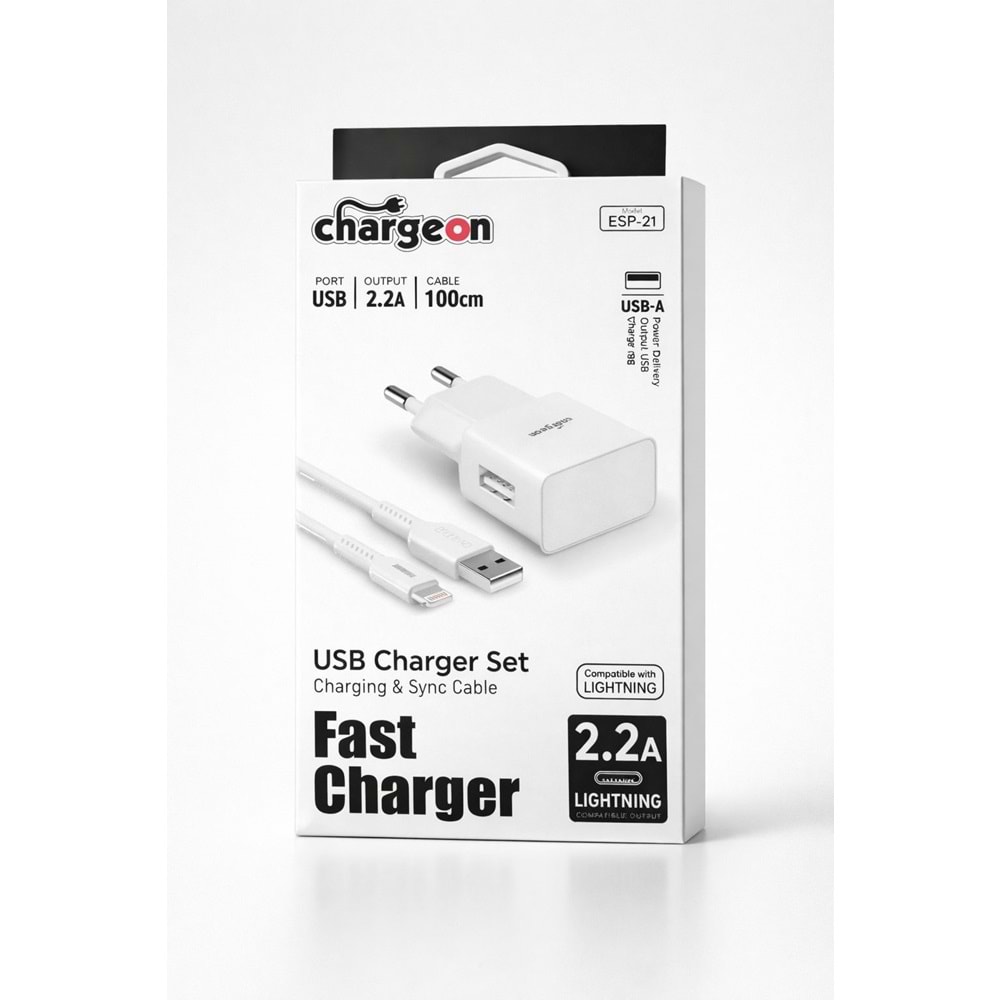 ESP-21 Chargeon 2.2A EV Tipi Şarj Kafa + Lightning Kablo