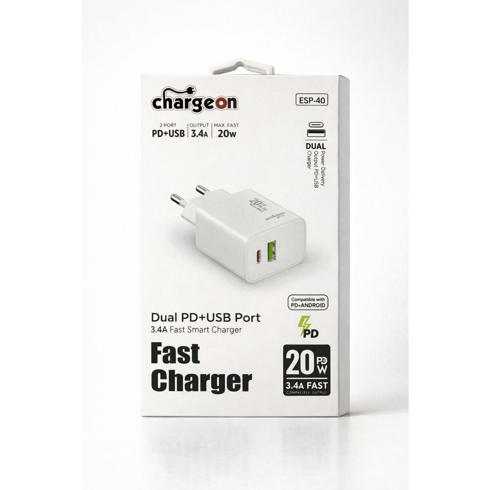 ESP-40 Chargeon 3.4A 20W EV Tipi Şarj Kafa PD+USB Girişli