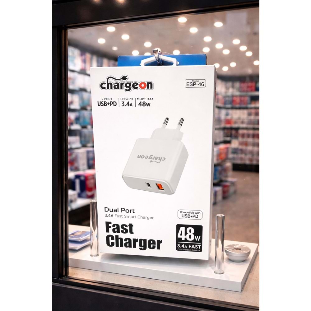 ESP-46 Chargeon 3.4A 48W EV Tipi Şarj Kafa PD+USB Girişli