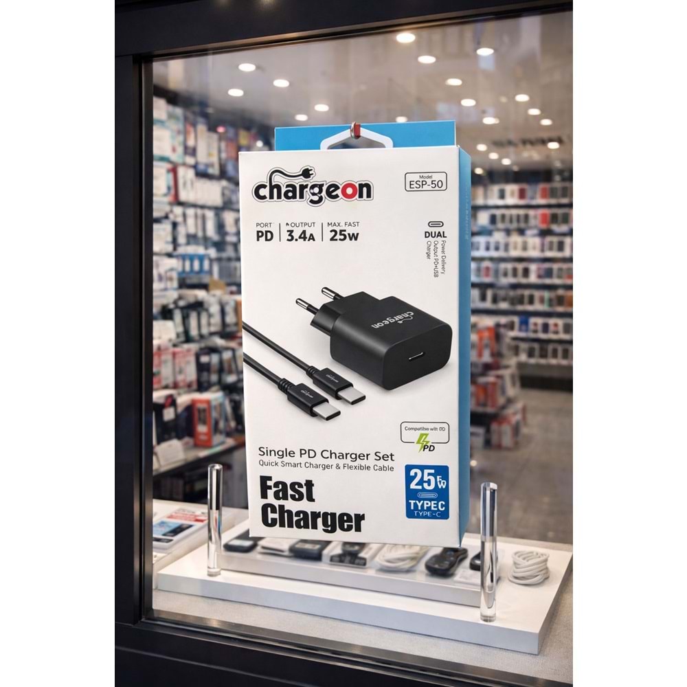 ESP-50 Chargeon 3.4A 25W EV Tipi Şarj Kafa + PD to Type C Kablo