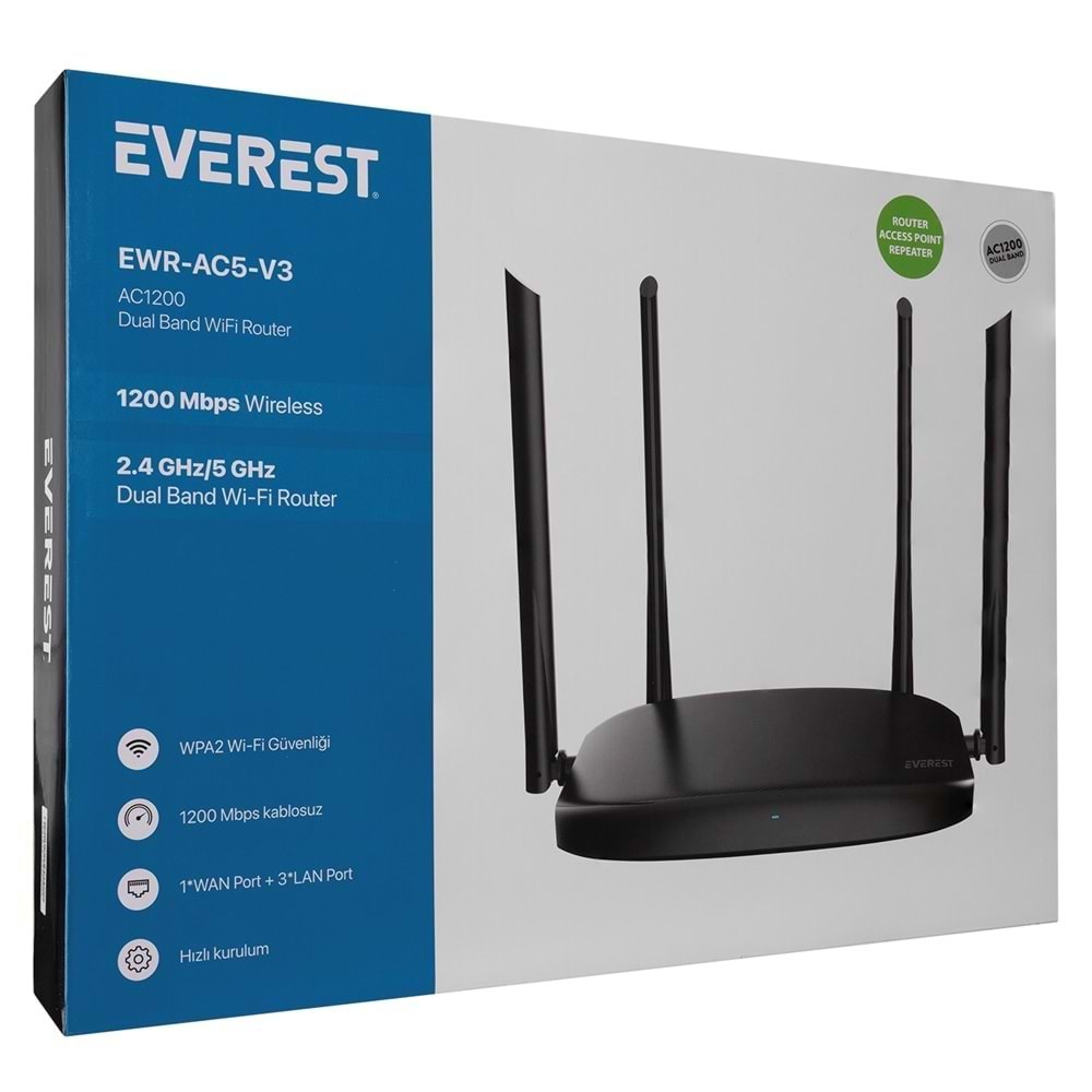 EWR-AC5-V3 Everest AC 1200 Mbps Dual Band 4*6Dbi Anten Router