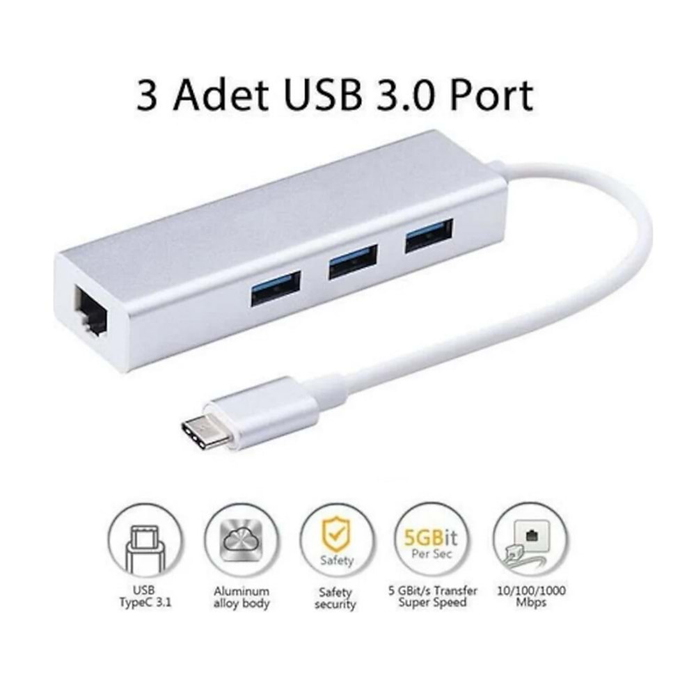 GAB-TNH030 TYPE C Network + 3 Port Usb Çoklayıcı