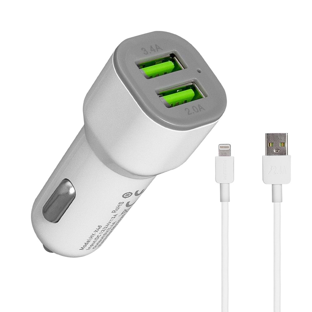 HY-X44 Hytech Lightning Kablolu 3.1A Hızlı Şarj 2Usb Beyaz Araç Şarj