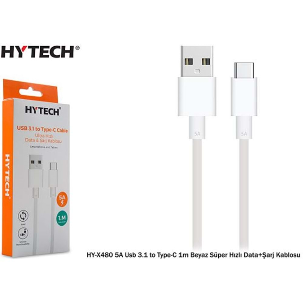 HY-X480 Hytech 1M 5A 3.1 To Type-C Beyaz Süper Hızlı Data+ Şarj Kablos