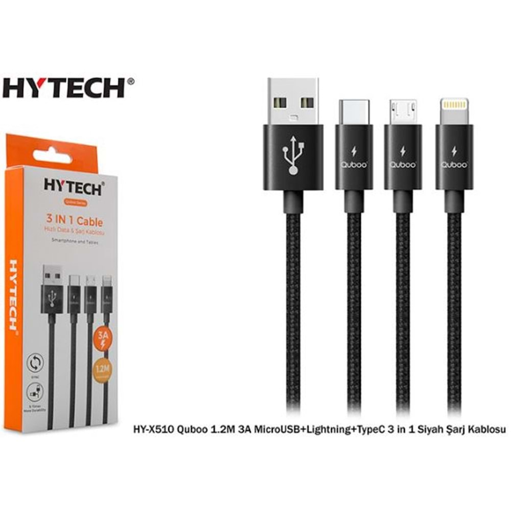 HY-X510 Hytech Quboo 1.2M Microusb+Lightning+Typec 3in1 Şarj Kablosu