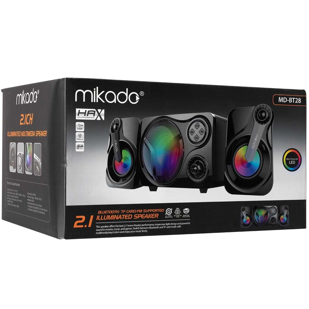 MD-BT28 Mikado 5W+3WX2 Bt,Tf Cadd,Usb,Fm Siyah Led Işıklı Radyo