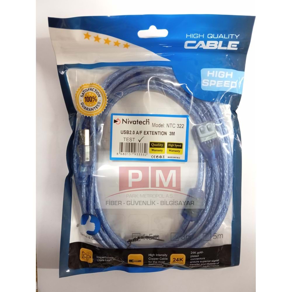 NTC-322 Nivatech Usb 2.0 M/F Extention Kablo 3M