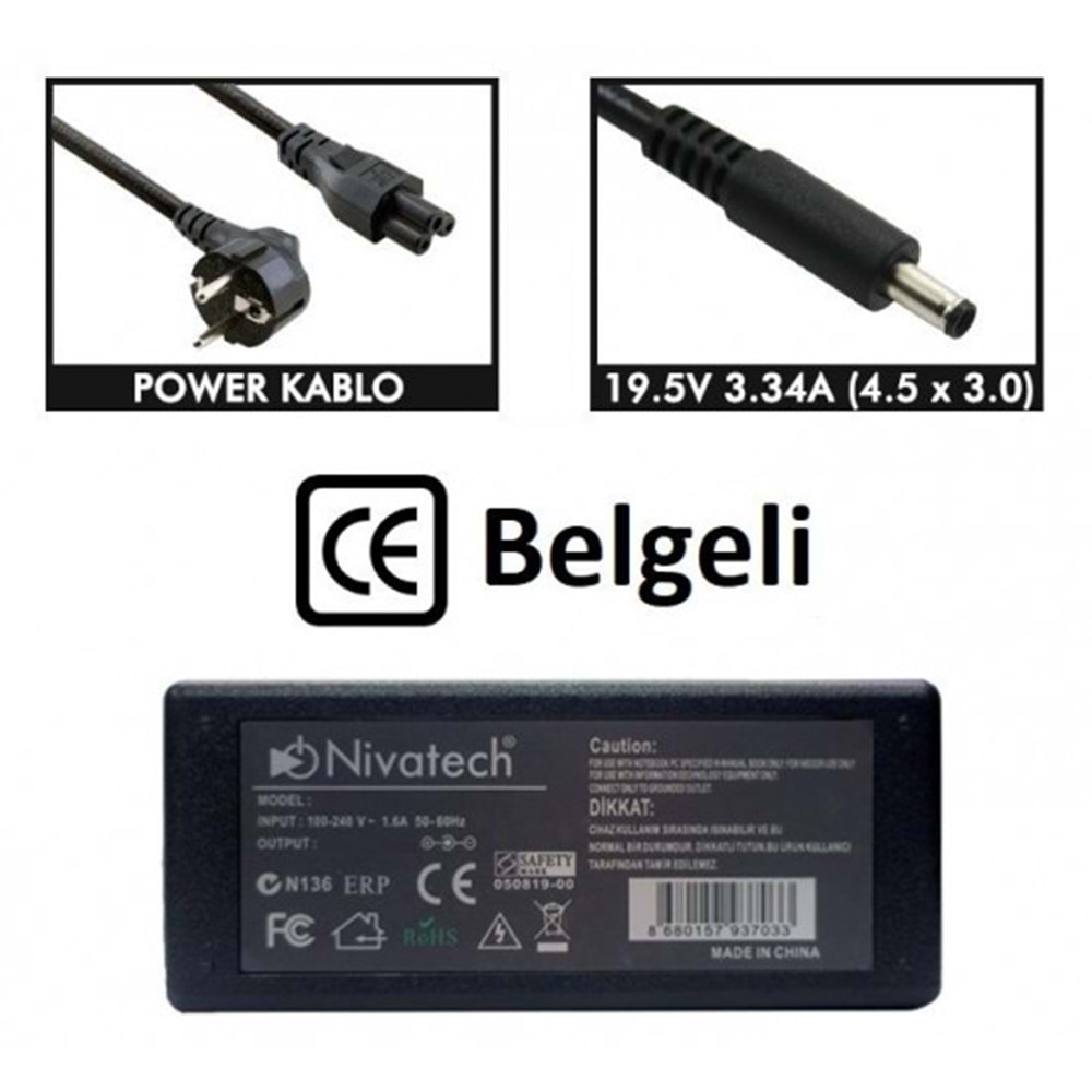 NTC-BC903 19.5V - 3.34A(4.5*3.0) Nivatech Notebook Adaptörü