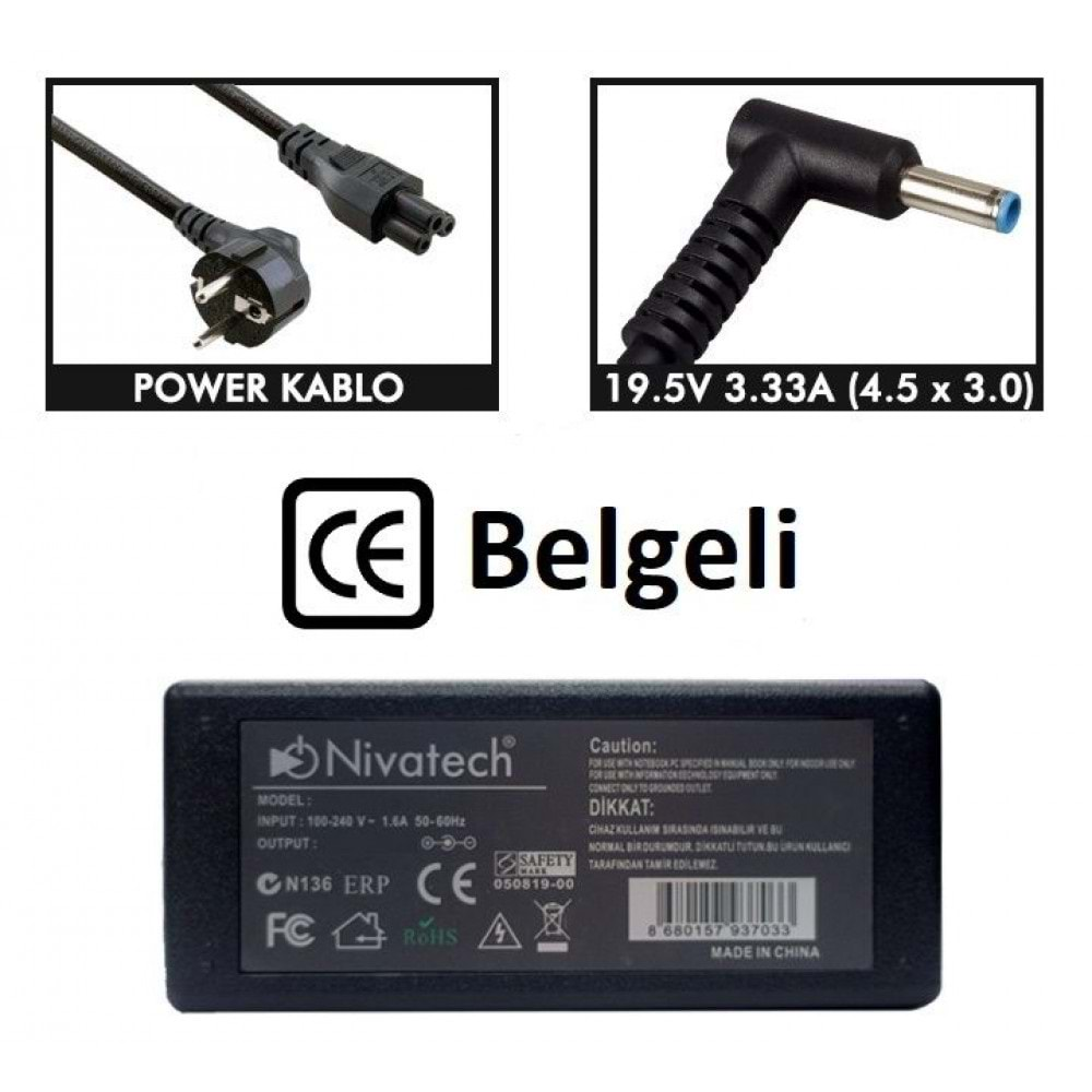 NTC-BC915 19.5V - 3.33A (4.5*3.0) Nivatech Notebook Adaptörü