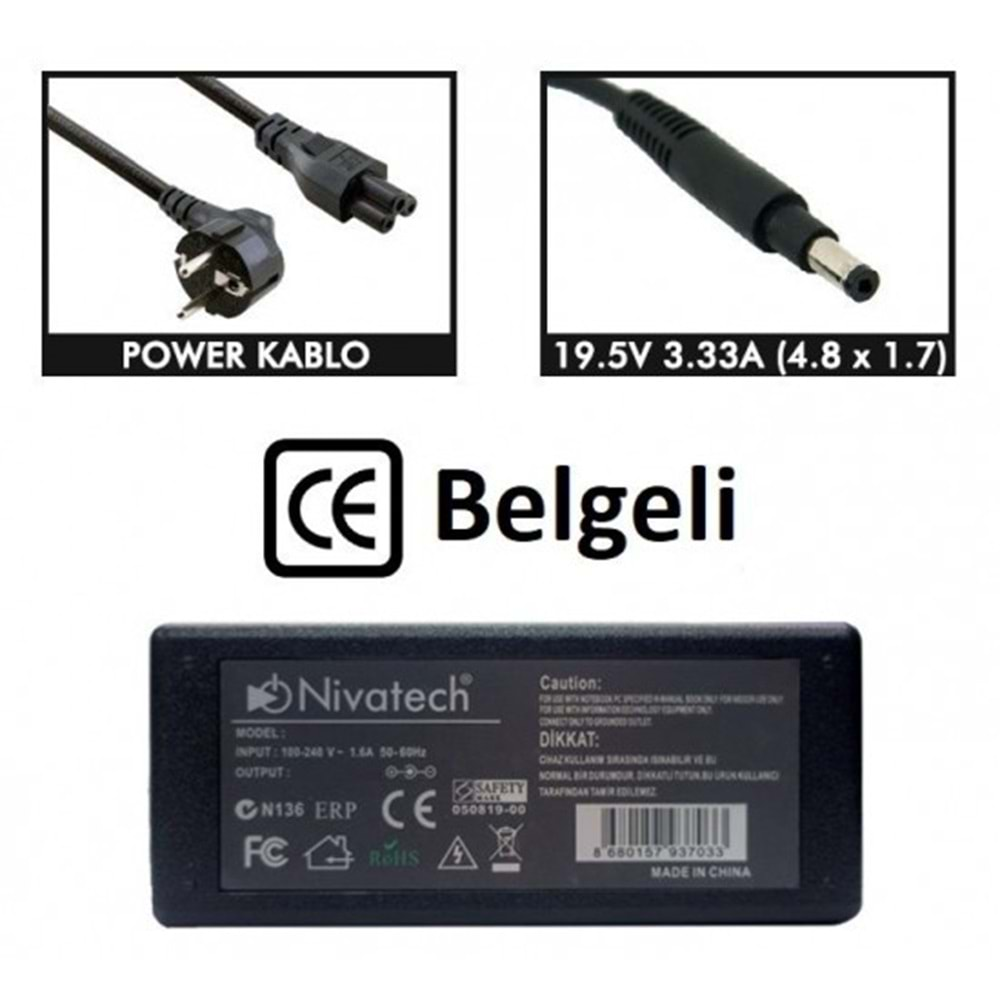 NTC-BC917 19.5V - 3.33A (4.8*1.7) Nivatech Notebook Adaptörü