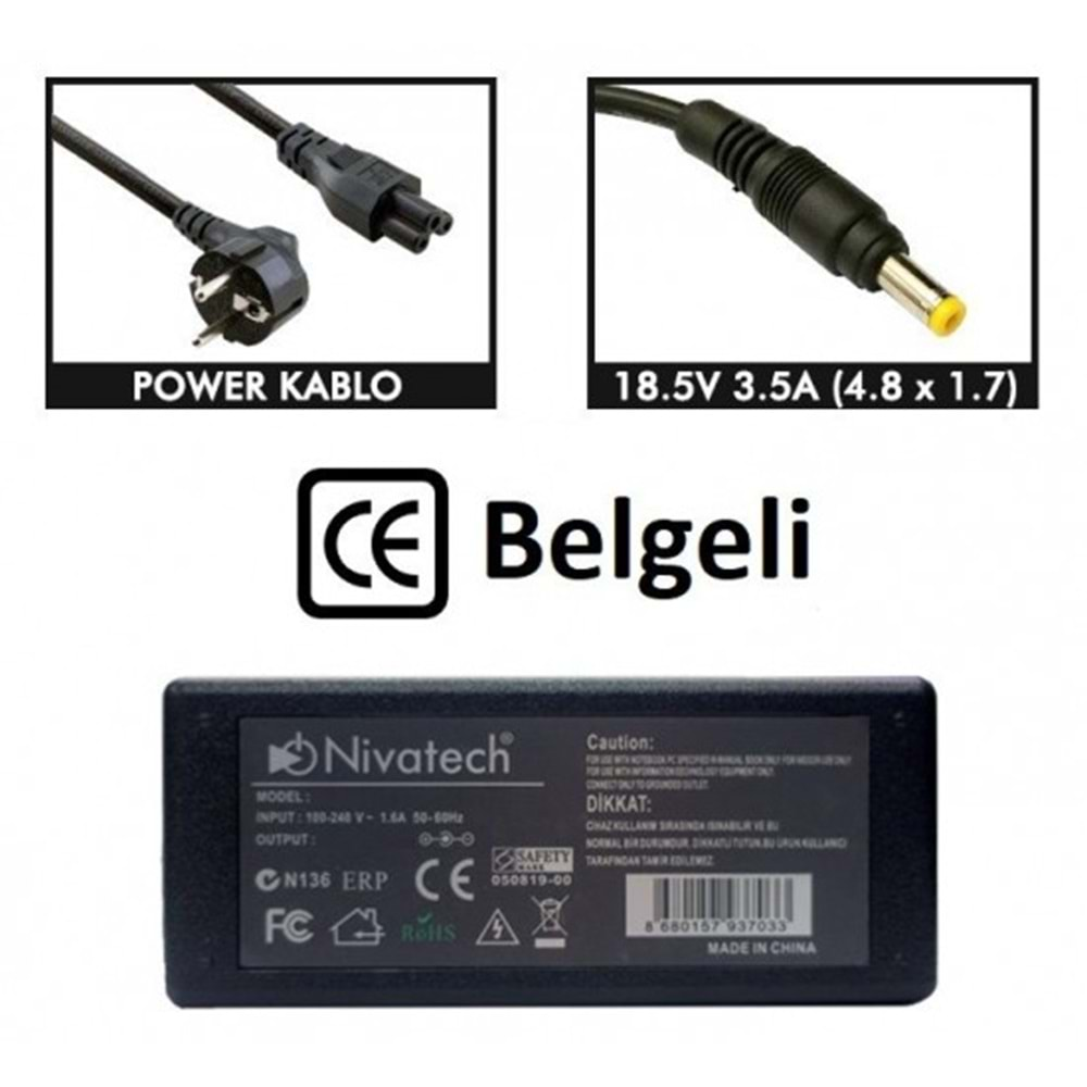 NTC-BC921 18.5V - 3.5A (4.8*1.7) Nivatech Notebook Adaptörü