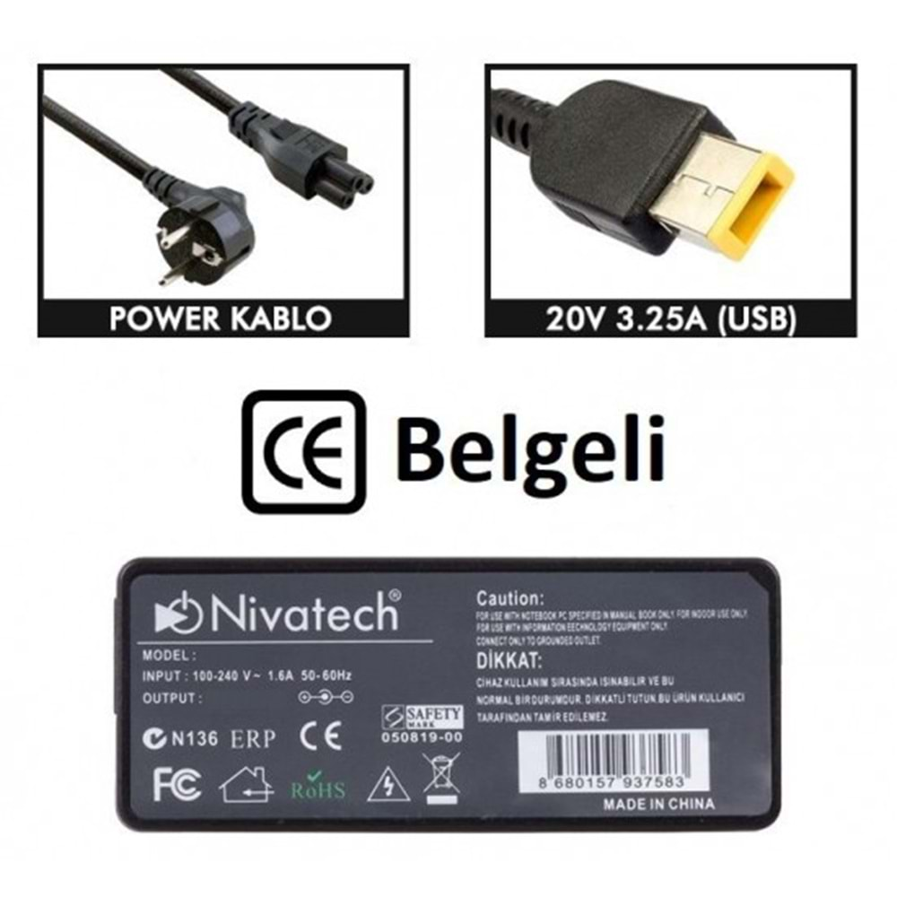 NTC-BC935 20V - 3.25A ( Usb ) Nivatech Notebook Adaptörü