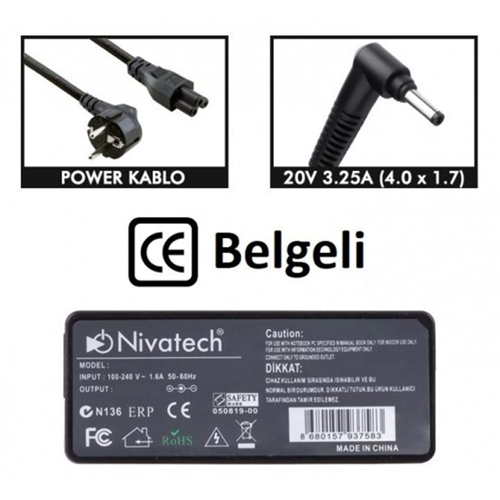 NTC-BC938 20V - 3.25A (4.0*1.7) Nivatech Notebook Adaptörü