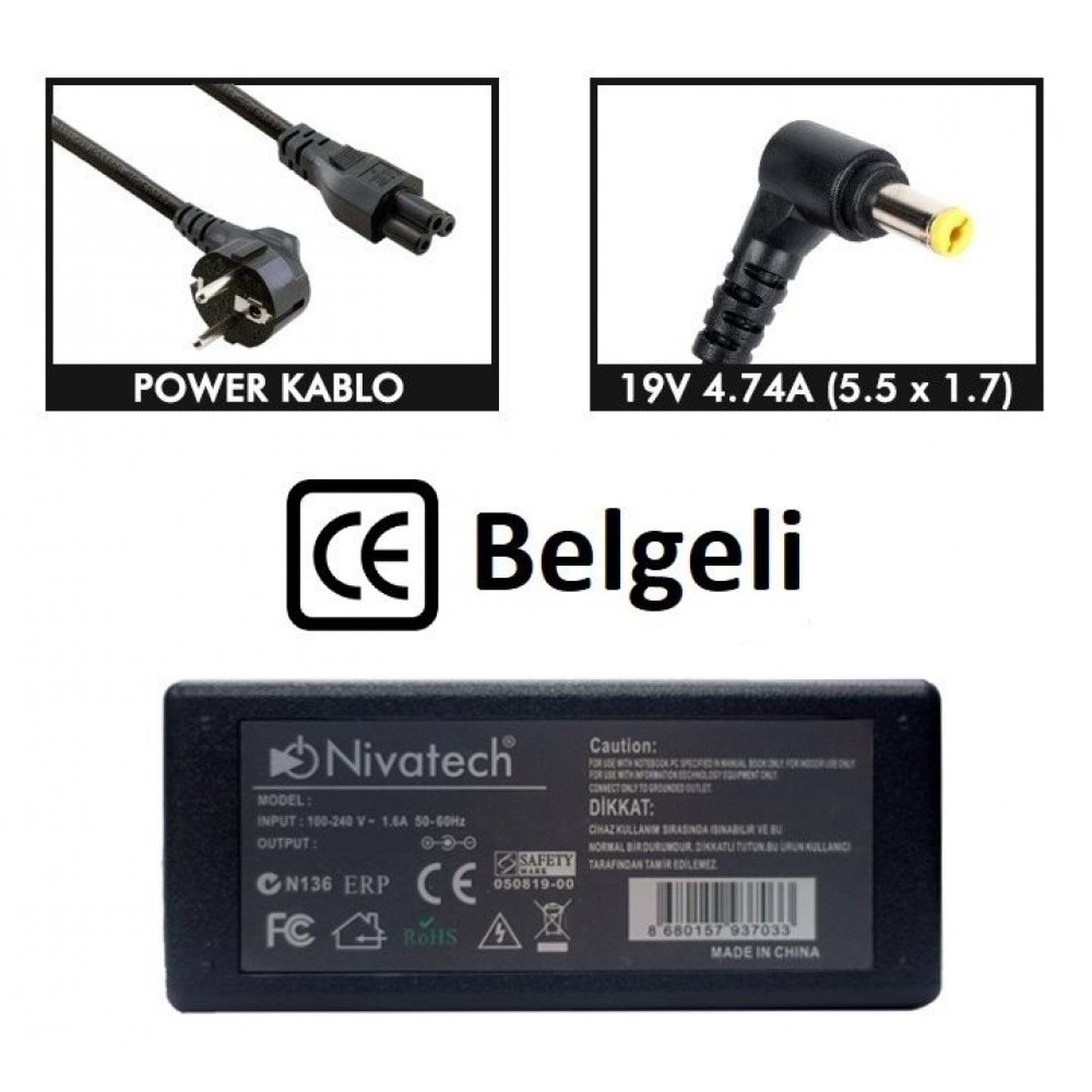 NTC-BC943 19V - 4.74A ( 5.5*1.7 ) Nivatech Notebook Adaptörü