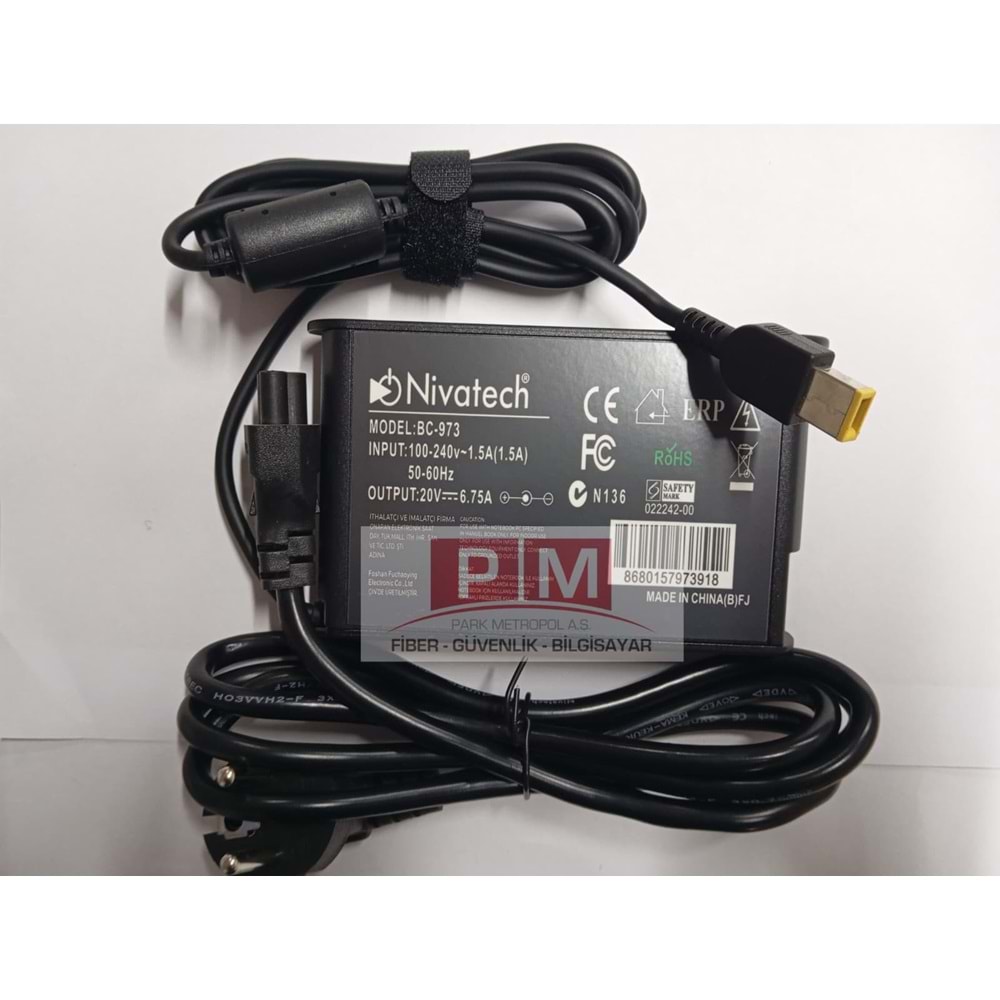 NTC-BC973 NİVATECH 20V - 6.75A ( USB ) NOTEBOOK ADAPTÖRÜ
