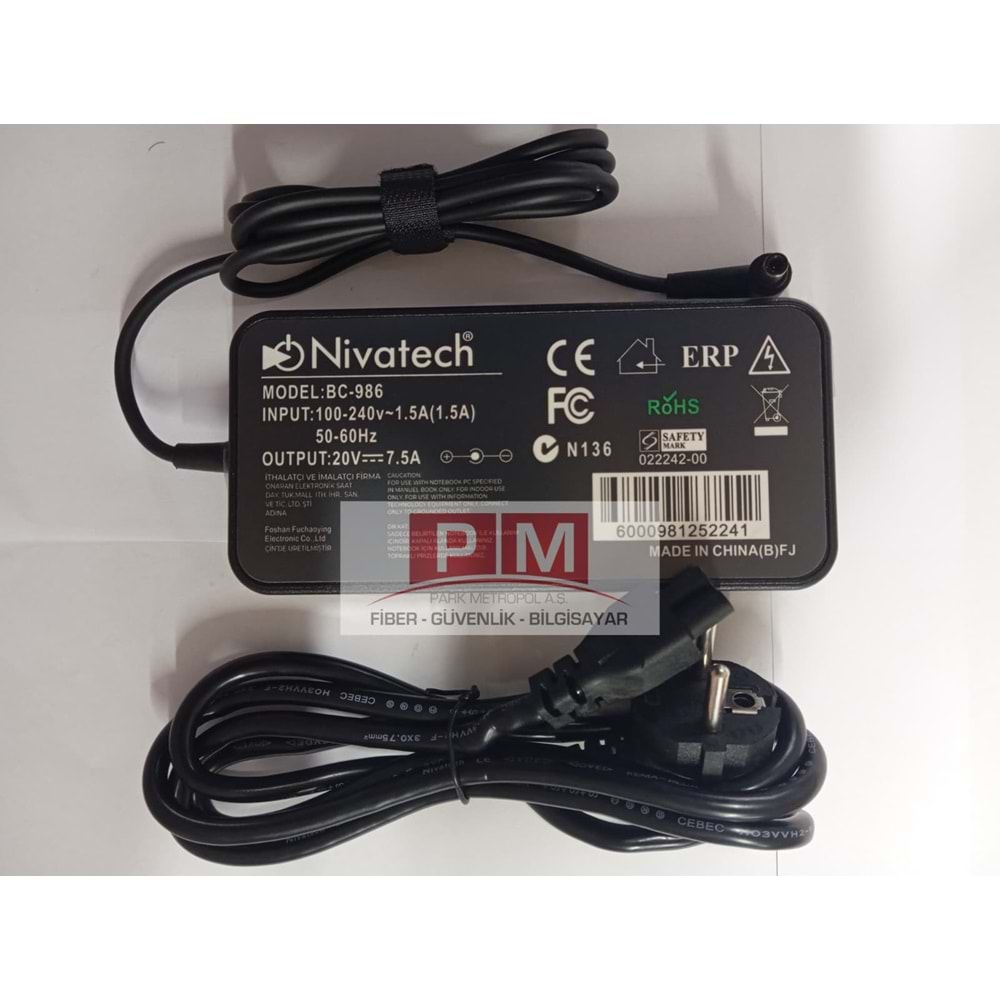 NTC-BC986 19.5V - 7.5A (6.0*3.7) Nivatech Notebook Adaptörü