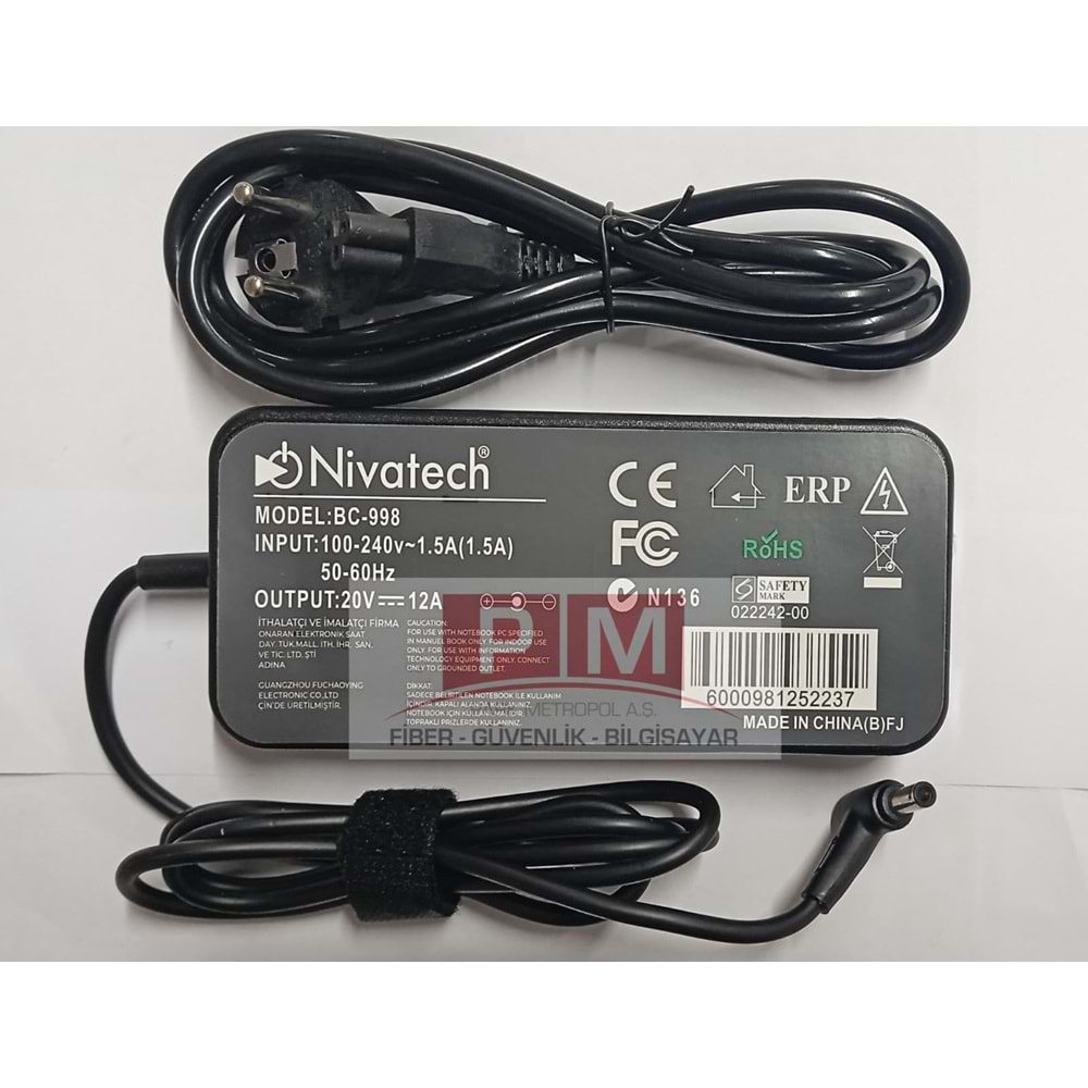 NTC-BC998 20V - 12A (6.0*3.7) Nivatech Notebook Adaptörü