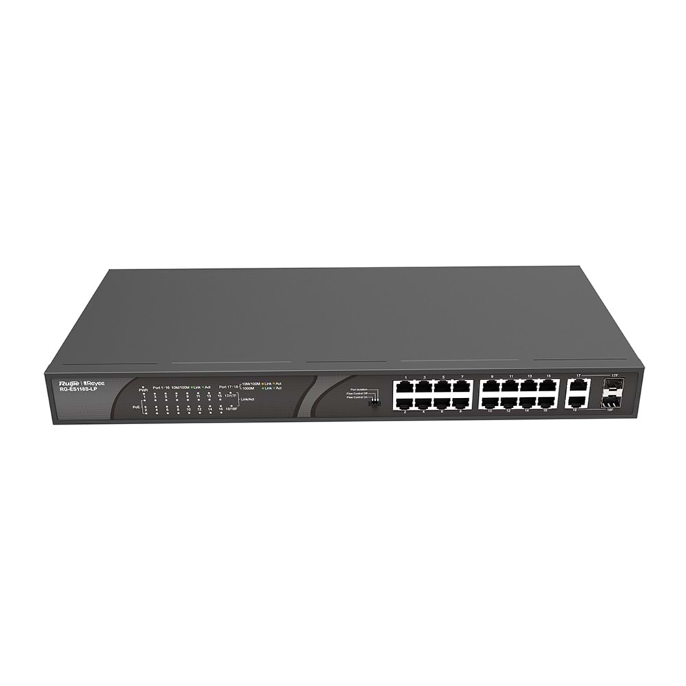 Reyee RG-ES118S-LP 16 Portlu, 10/100 Fast Ethernet, Tak Çalıştır, 2 Gi