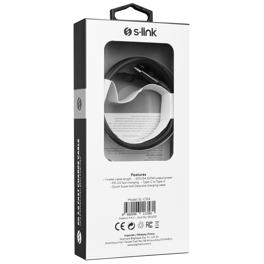 SL-C124 Slink 1M 20V 5A Pd 3.0 Type C To Type C Data Ve Şarj Kablosu