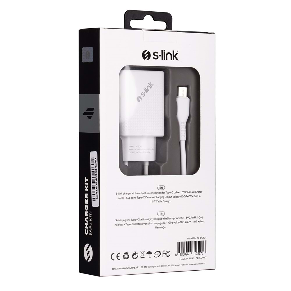 SL-EC40T Slink 5V 2400MA Type-C Kablolu Beyaz Ev Şarj Adaptörü