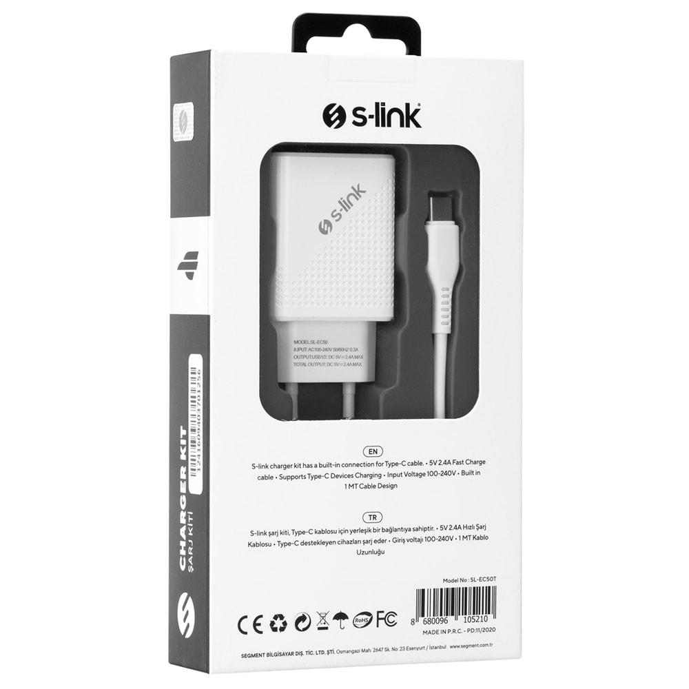 SL-EC50T Slink 5V 2400MA Type-C Kablolu 2 USB Beyaz Ev Şarj Adaptörü