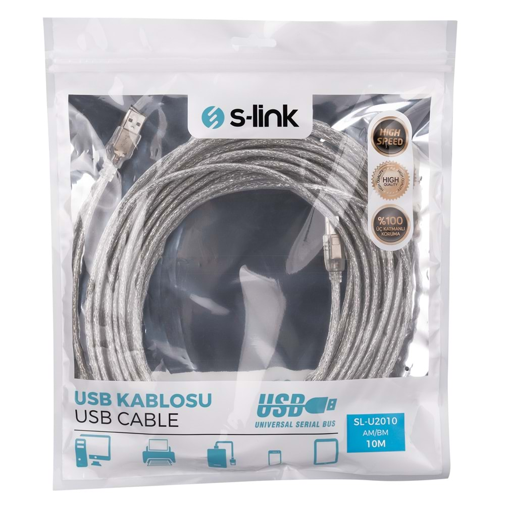 SL-U2010 Slink 2.0 Usb 10Mt Şeffaf Yazıcı Kablosu