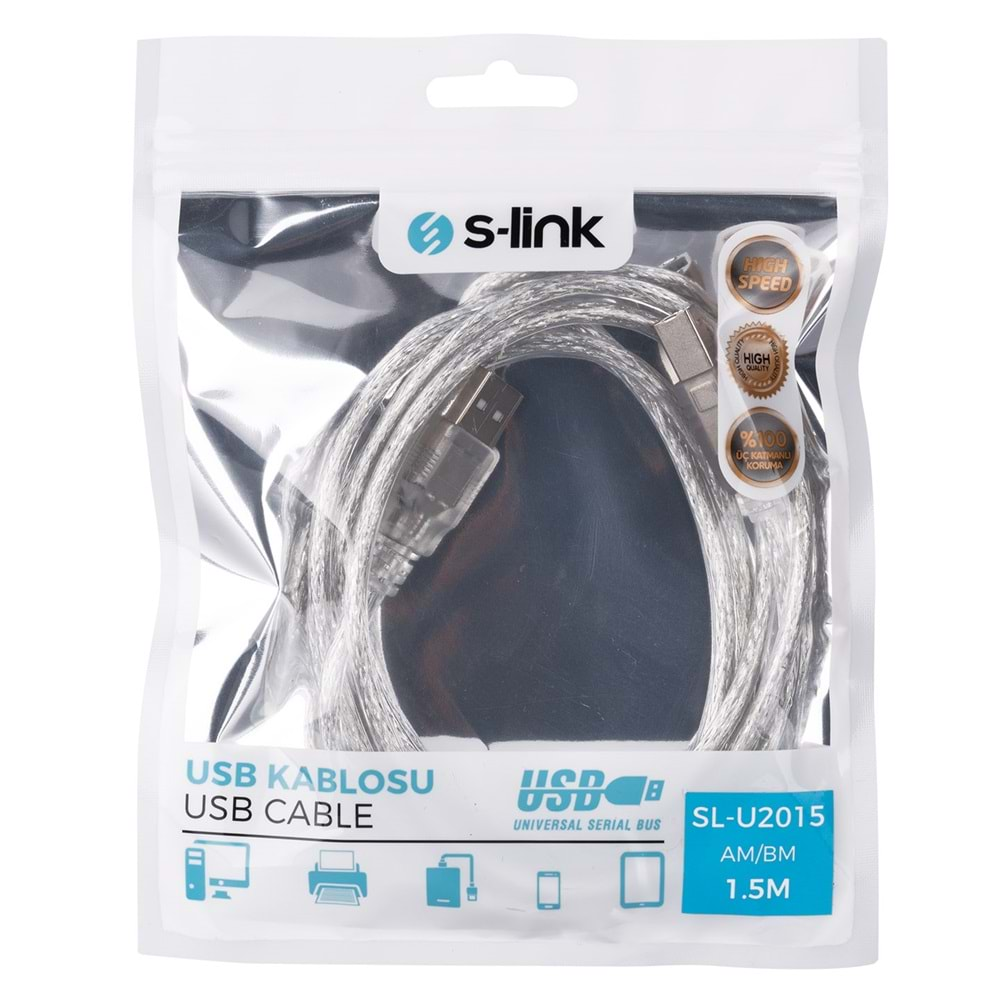 SL-U2015 Slink Usb 2.0 1.5m Usb Şeffaf Yazıcı Kablosu