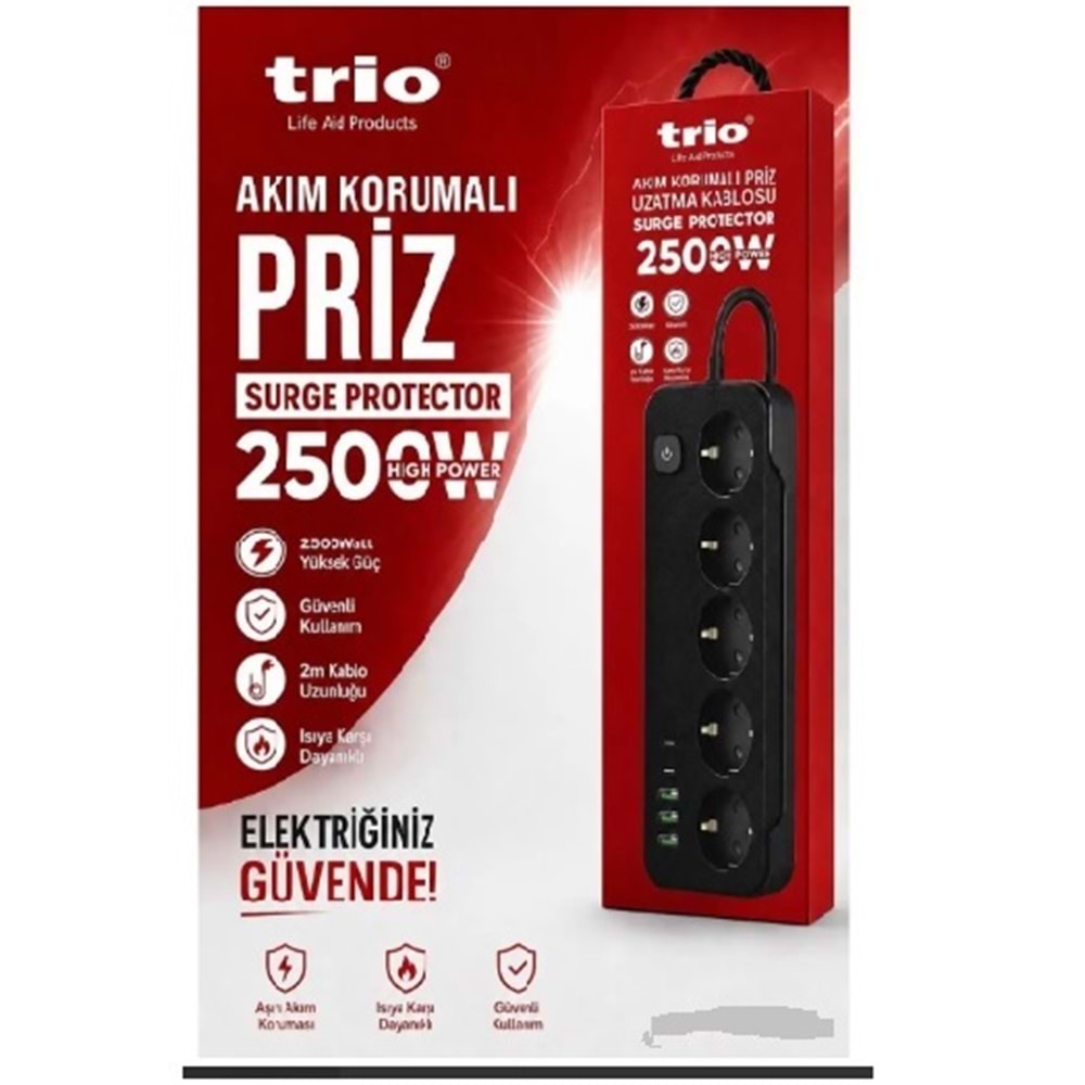 TR-3441 Trio 5Lİ (3*USB+2*TYPE-C) 2500W 2MT Akım Korumalı Priz