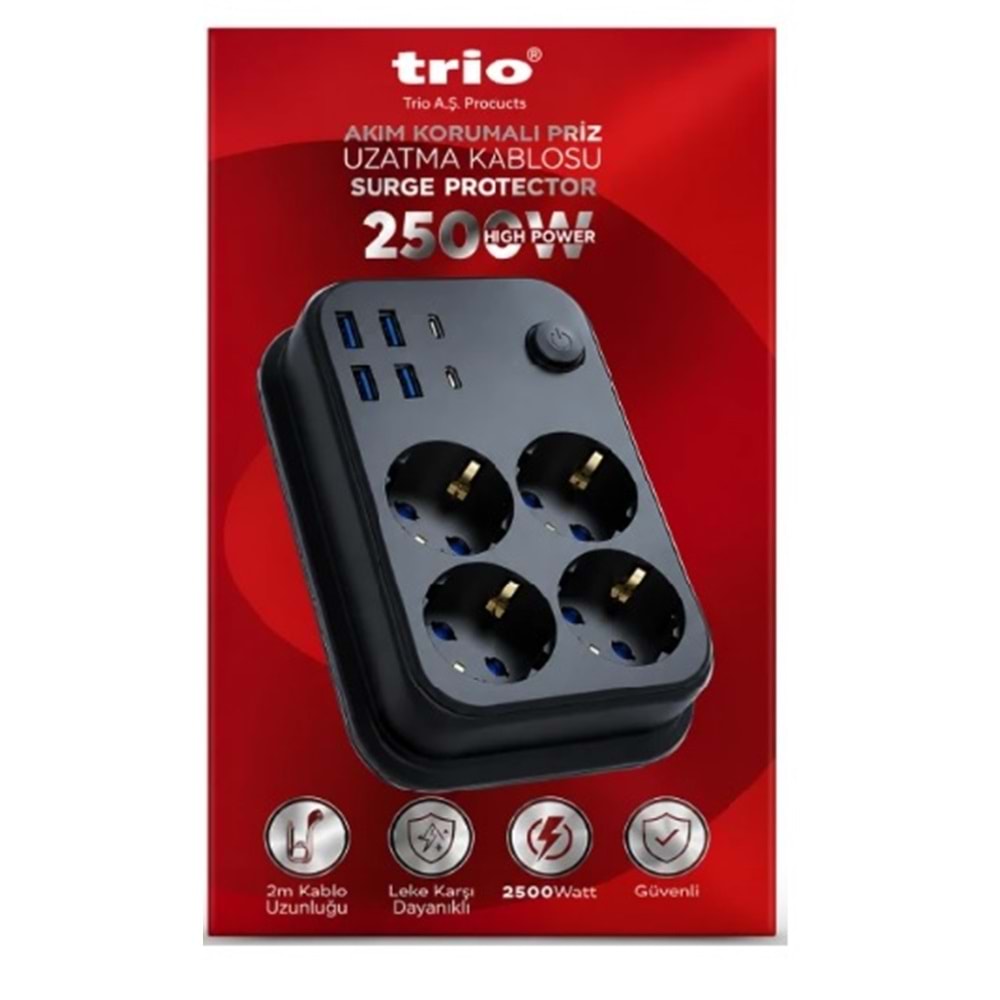 TR-3442 Trio 4LÜ (4*USB+2*TYPE-C) 2500W 2MT Akım Korumalı Priz