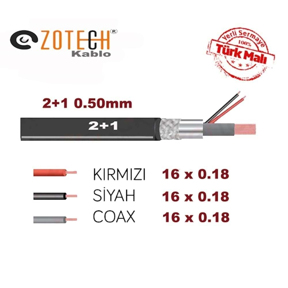 Zotech ZT-2+1 0.50mm-100Mt 0,50mm Cca Cctv Kamera Kablosu