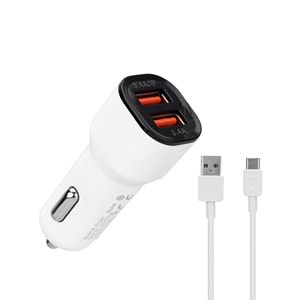 SL-EC30T Slink 5V 3.4A Type-C Kablolu Beyaz 2 USB Araç Şarj Cihazı
