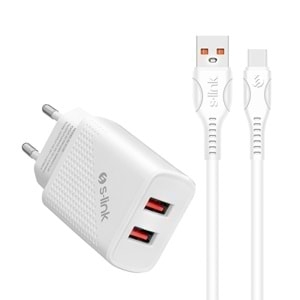 SL-EC50T Slink 5V 2400MA Type-C Kablolu 2 USB Beyaz Ev Şarj Adaptörü