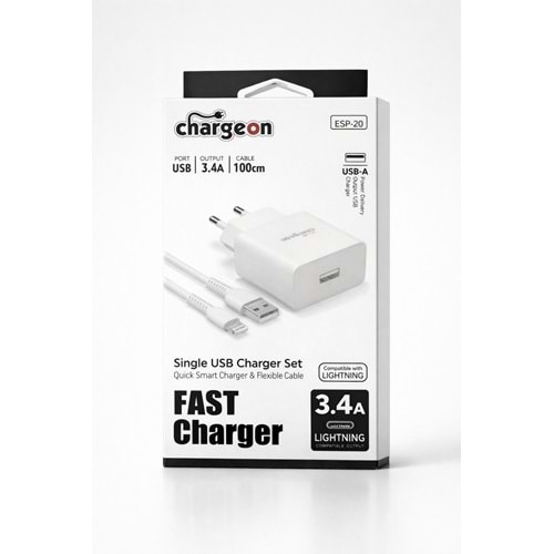 ESP-20 Chargeon 3.4A USB Şarj Kafa + Lightning Kablo
