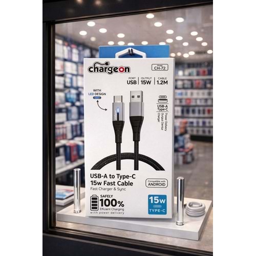 CH-72 Chargeon 15W USB A to Type C Işıklı Fast Şarj Kablosu