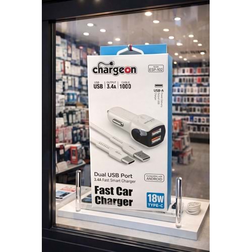 ESP-102 Chargeon 18W 3.4A Oto Şarj + Type C Kablo