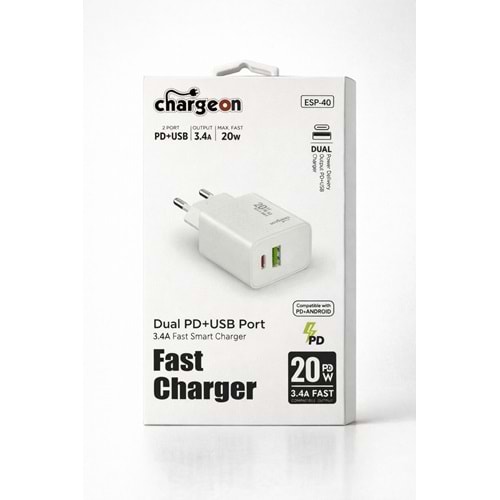ESP-40 Chargeon 3.4A 20W EV Tipi Şarj Kafa PD+USB Girişli
