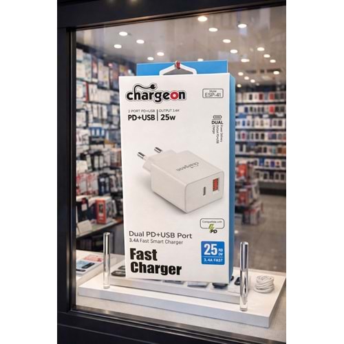 ESP-41 Chargeon 3.4A 25W EV Tipi Şarj Kafa PD+USB Girişli