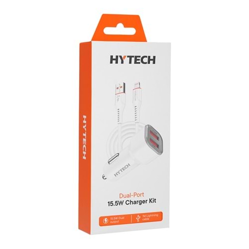 HY-X44 Hytech Lightning Kablolu 3.1A Hızlı Şarj 2Usb Beyaz Araç Şarj