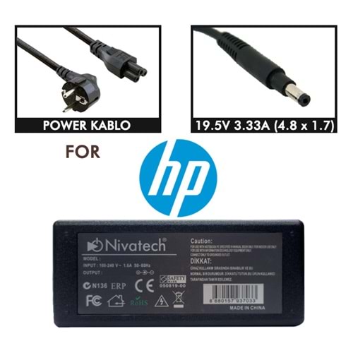 NTC-BC917 19.5V - 3.33A (4.8*1.7) Nivatech Notebook Adaptörü