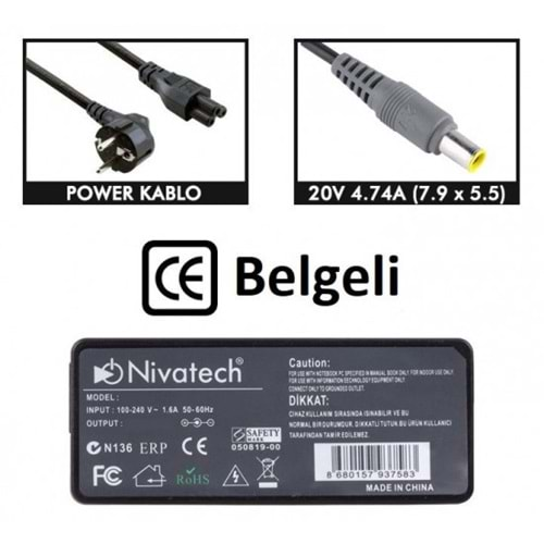 NTC-BC972 20V - 4.5A (7.9*5.5) Nivatech Notebook Adaptörü