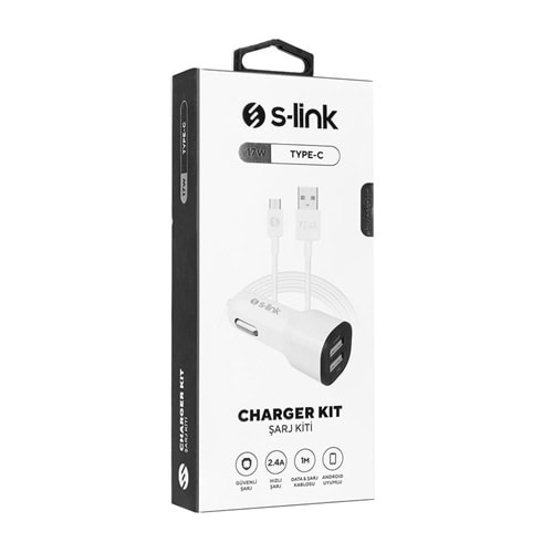 SL-EC30T Slink 5V 3.4A Type-C Kablolu Beyaz 2 USB Araç Şarj Cihazı