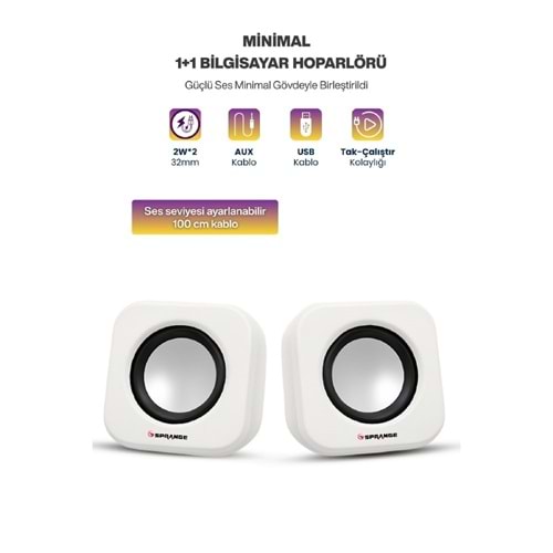 SR-PN99B Sprange 2W*2 USB 2.0+3.5mm 5V Hoparlör Beyaz - AKT01822