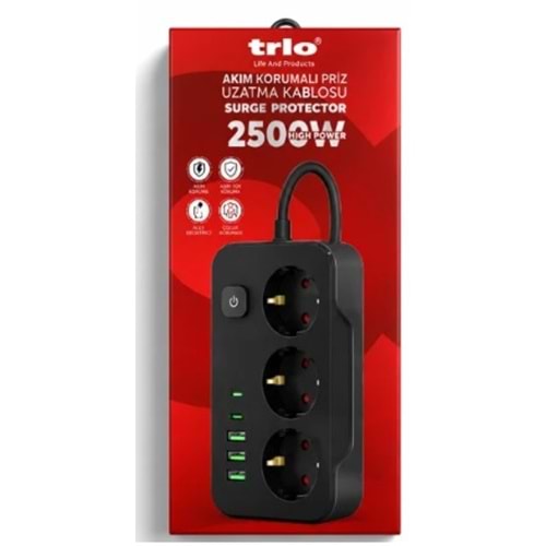 TR-3439 Trio 3LÜ (3*USB+2*TYPE-C) 2500W 2MT Akım Korumalı Priz