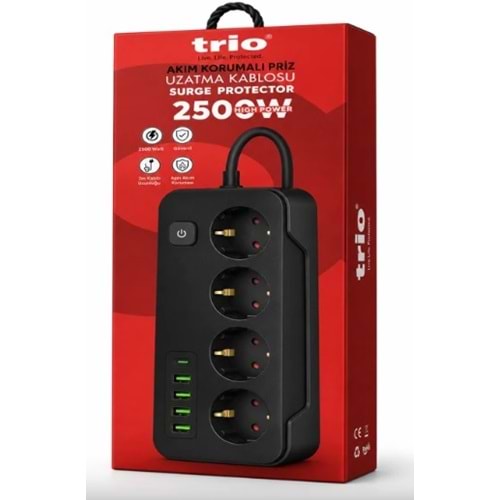 TR-3440 Trio 4LÜ (3*USB+2*TYPE-C) 2500W 2MT Akım Korumalı Priz