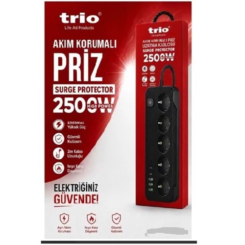 TR-3441 Trio 5Lİ (3*USB+2*TYPE-C) 2500W 2MT Akım Korumalı Priz