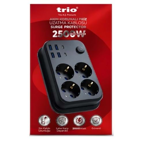 TR-3442 Trio 4LÜ (4*USB+2*TYPE-C) 2500W 2MT Akım Korumalı Priz